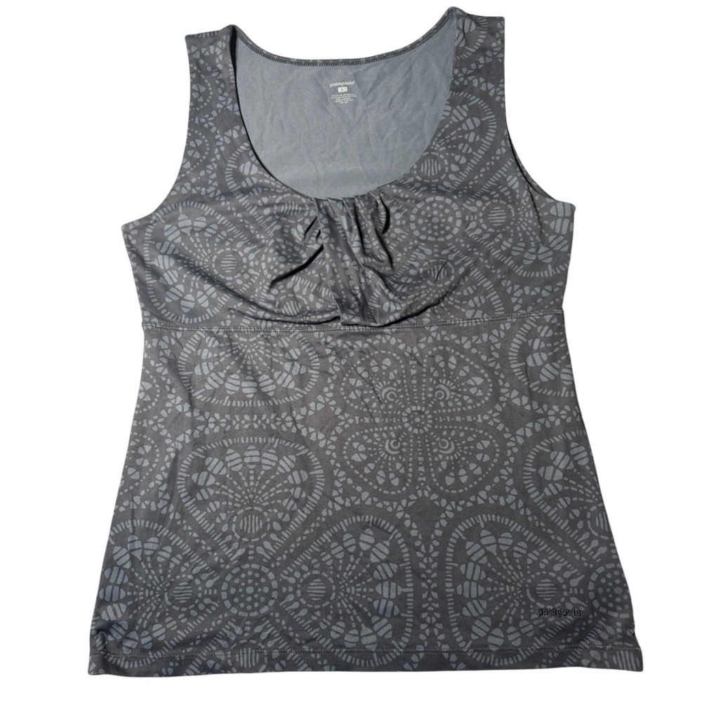 Patagonia Women Grey Medallion Pleated Scoop Neck Bandha Tank Top Large 32741